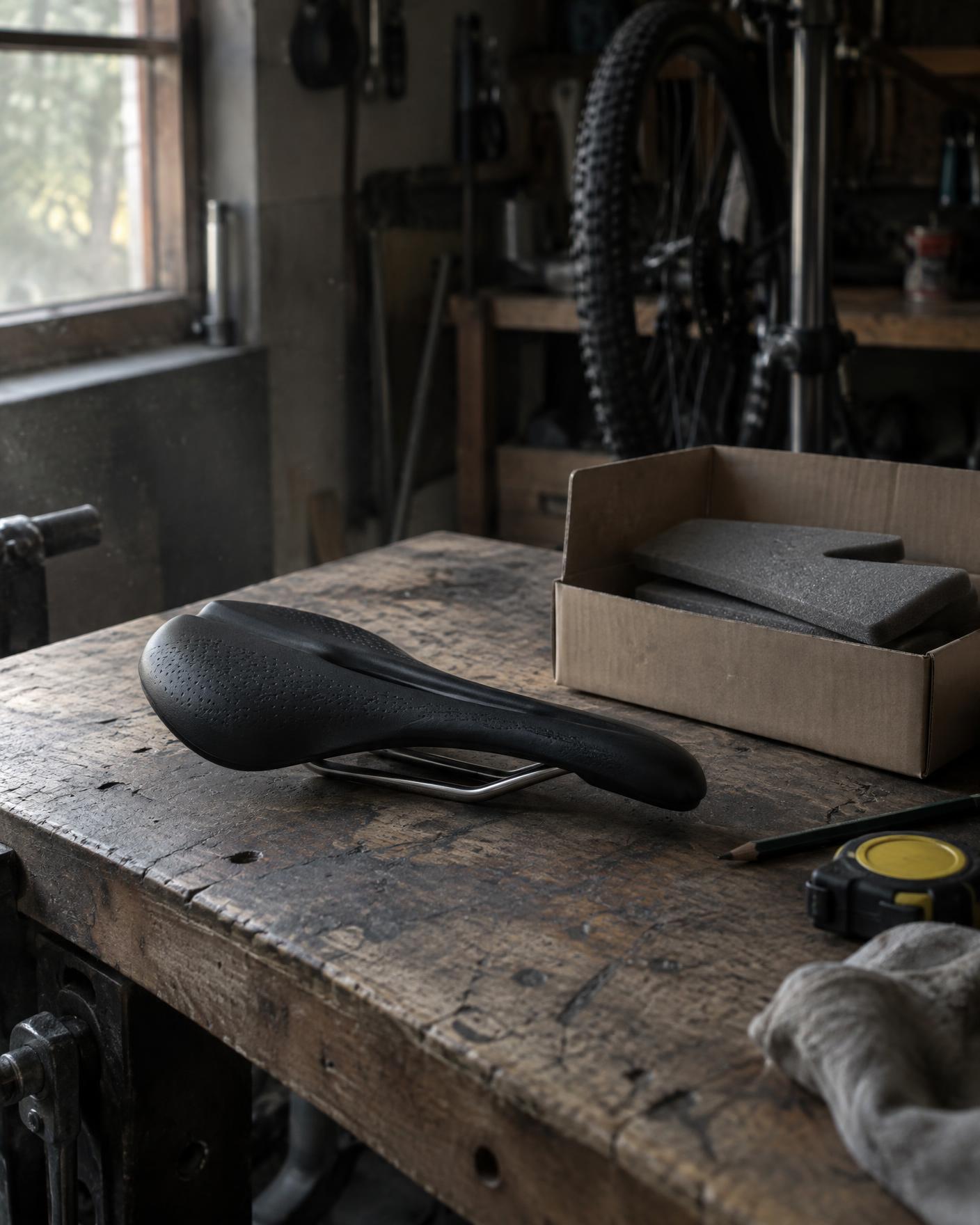 Black saddle beside a box of impression foam on a wooden workbench