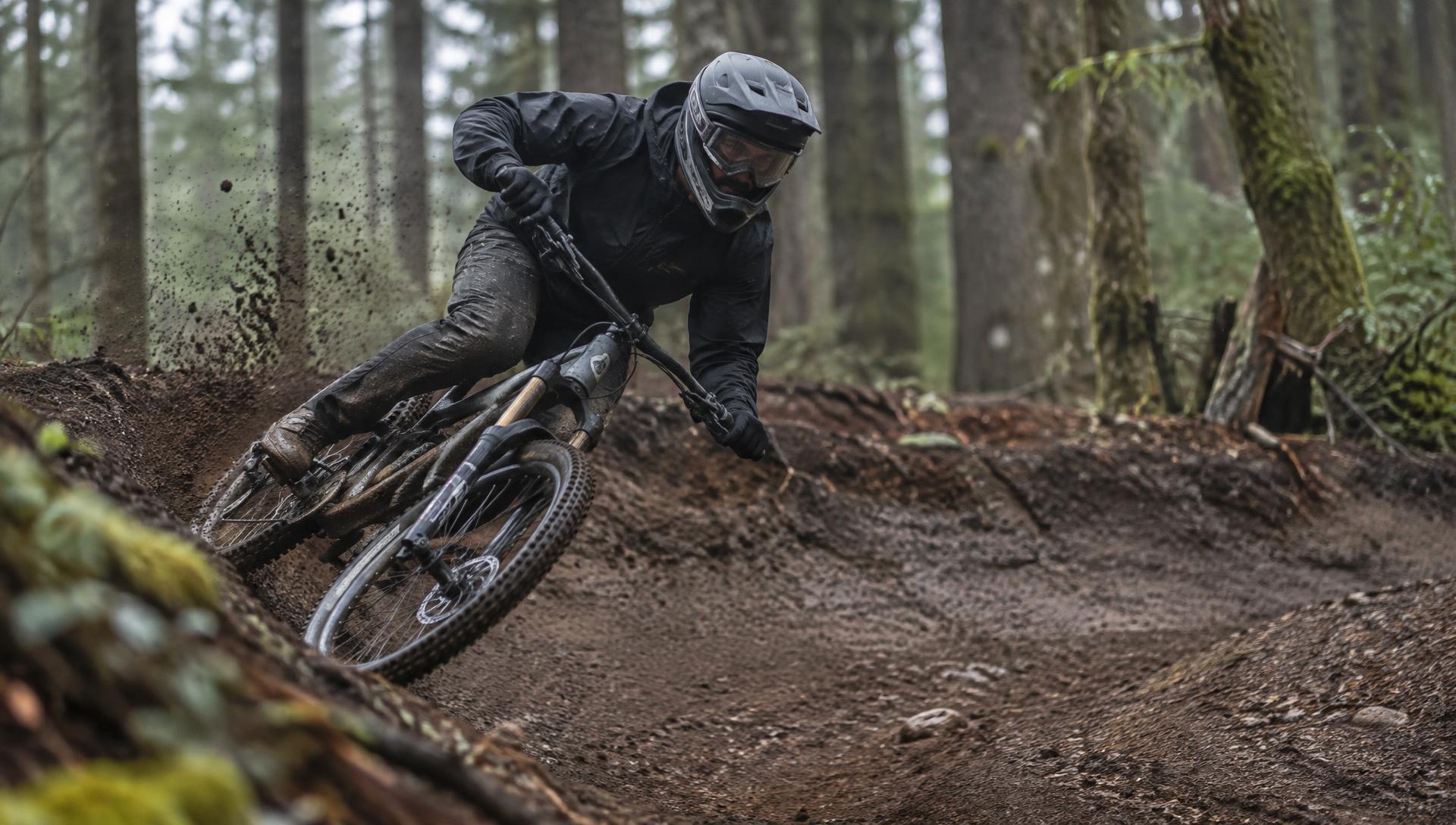 Rider leaning into a dark loamy corner